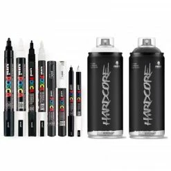 Surdiscount 8 Marqueurs POSCA - PC5M - PC1M - PC1MR - PC3M - 2 Bombes Hardcore - Noir Blanc