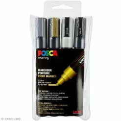 Coffret De Feutres Posca PC-5M - Pointe Conique Moyenne - Or, Argent, Noir & Blanc - 4 Pcs