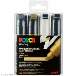 Coffret De Feutres Posca PC-8K - Pointe Biseautée Large - Or, Argent, Noir & Blanc - 4 Pcs