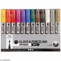 Creativ Company Lot De Feutres Pour Verre Et Porcelaine - Couleurs Opaques - 1 à 2 Mm - 12 Pcs